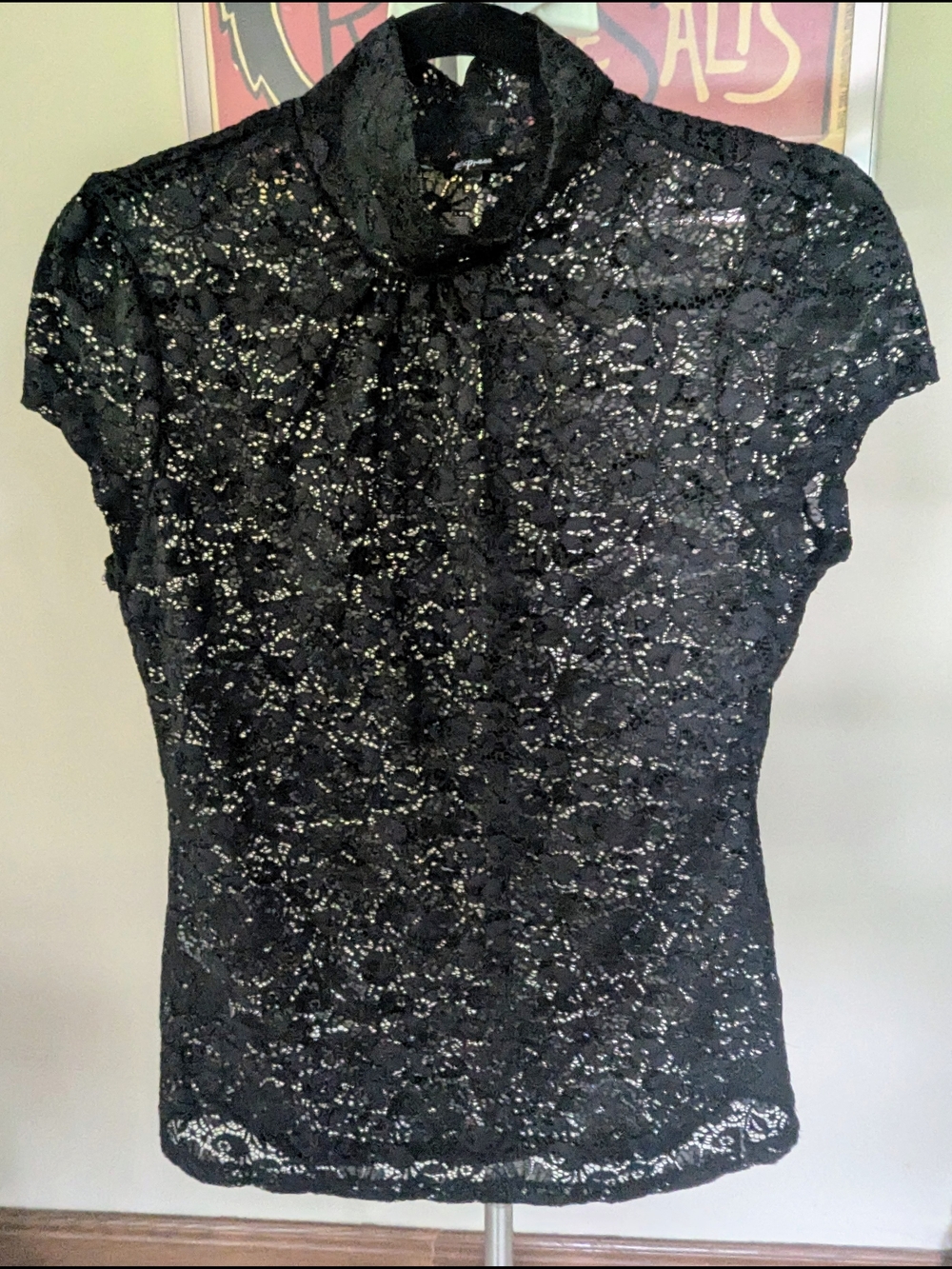 Express Black Sheer Floral Lace Mock Neck Top - Size Medium $18 Y2K 90s